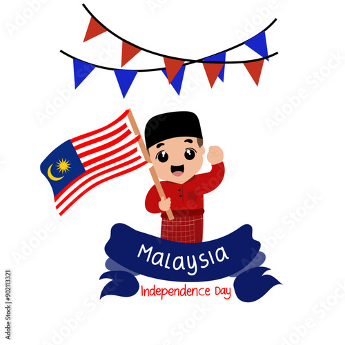 Malaysia independence day concept with cute malay people holding flag