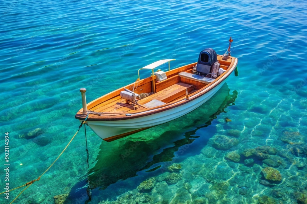 Small wooden fishing boat with one outboard motor in clear blue water, wooden boat, outboard motor, solitude, maritime, aerial, lonely,fishing, vessel, nature, isolated, ocean, wooden Small wooden fishing boat with one outboard motor in clear blue water, wooden boat, outboard motor, solitude, maritime, aerial, lonely,fishing, vessel, nature, isolated, ocean, wooden