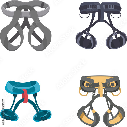 Four different styles of vector climbing harnesses designed for safety and mountaineering gear representation