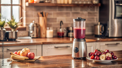 Fototapeta Naklejka Na Ścianę i Meble -  Vibrant still life with fresh apples, oranges, and other fruits with blender on kitchen table