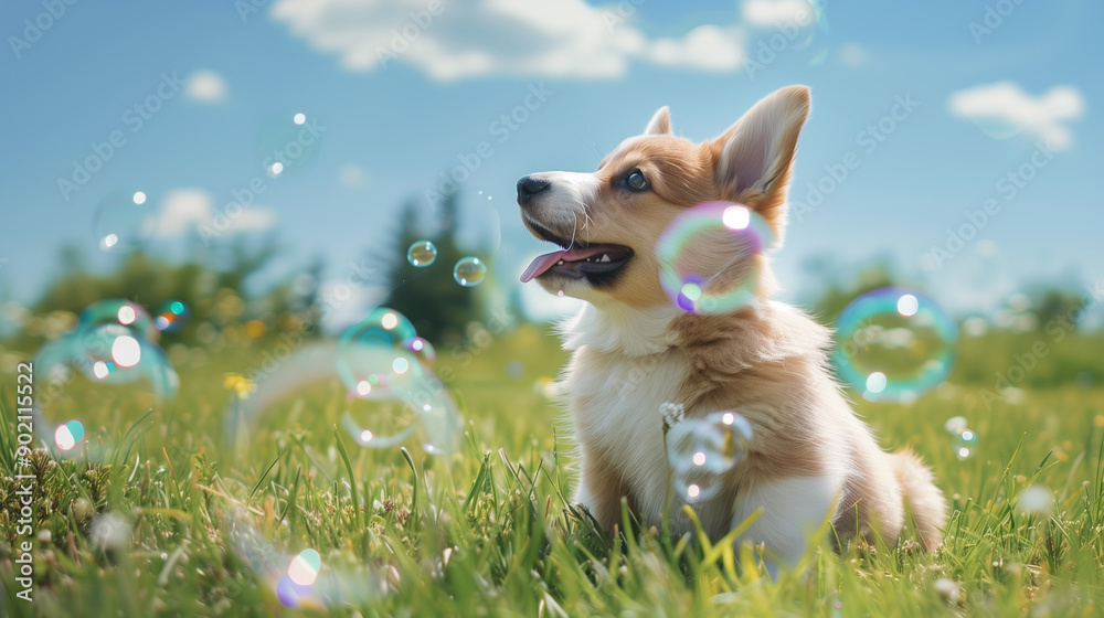 happy wet corgi dog taking bath with soap foam on his head. blue background. copy space happy wet corgi dog taking bath with soap foam on his head. blue background. copy space