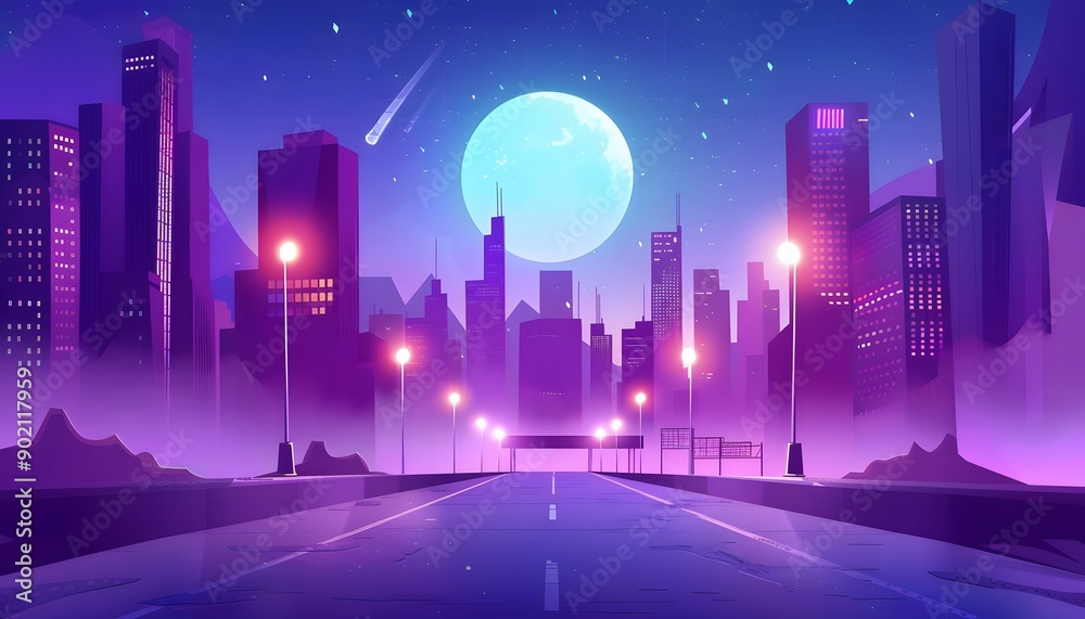 Futuristic city cyberpunk landscape, future, purple lights, modern buildings, night city Futuristic city cyberpunk landscape, future, purple lights, modern buildings, night city