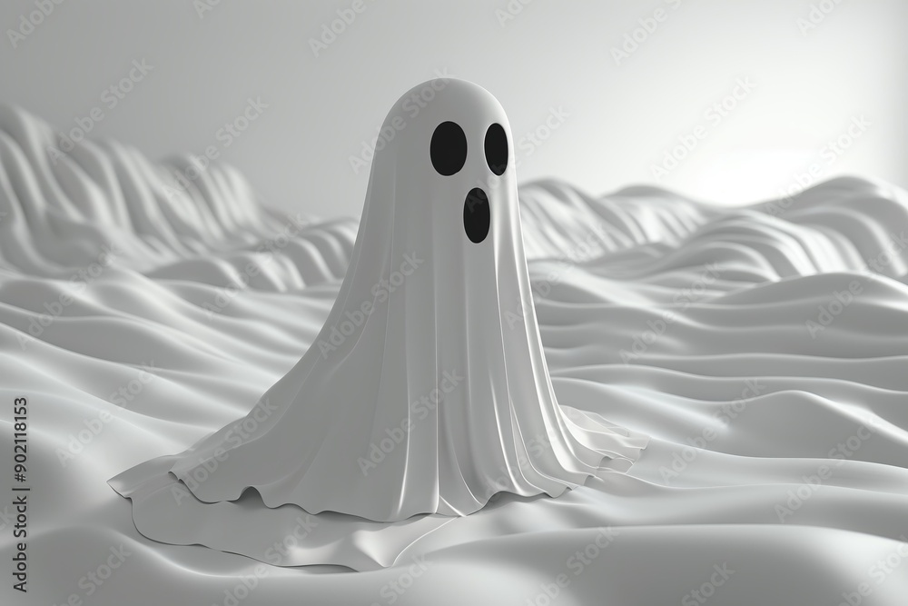 A 3D rendering of a ghost with a surprised expression, standing on a white undulating surface. A 3D rendering of a ghost with a surprised expression, standing on a white undulating surface.