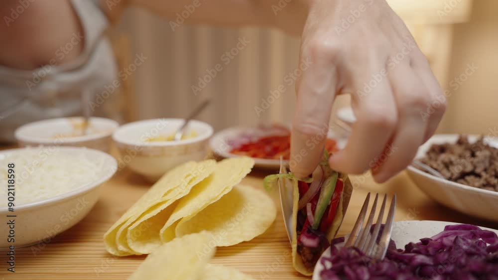 Woman Places Avocado and Red Onion Slices into a Taco Shell, Adding Flavorful Ingredients. Woman Places Avocado and Red Onion Slices into a Taco Shell, Adding Flavorful Ingredients.
