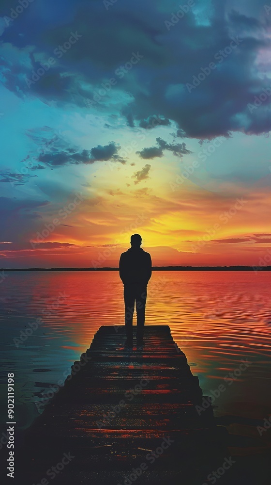 Silhouette of a person standing on a pier during a vibrant sunset over a calm lake Silhouette of a person standing on a pier during a vibrant sunset over a calm lake