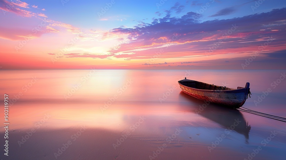 Beautiful scene of a boat by the shore with sunlight casting a warm glow. Perfect for themes of coastal serenity, nature, and relaxation Beautiful scene of a boat by the shore with sunlight casting a warm glow. Perfect for themes of coastal serenity, nature, and relaxation