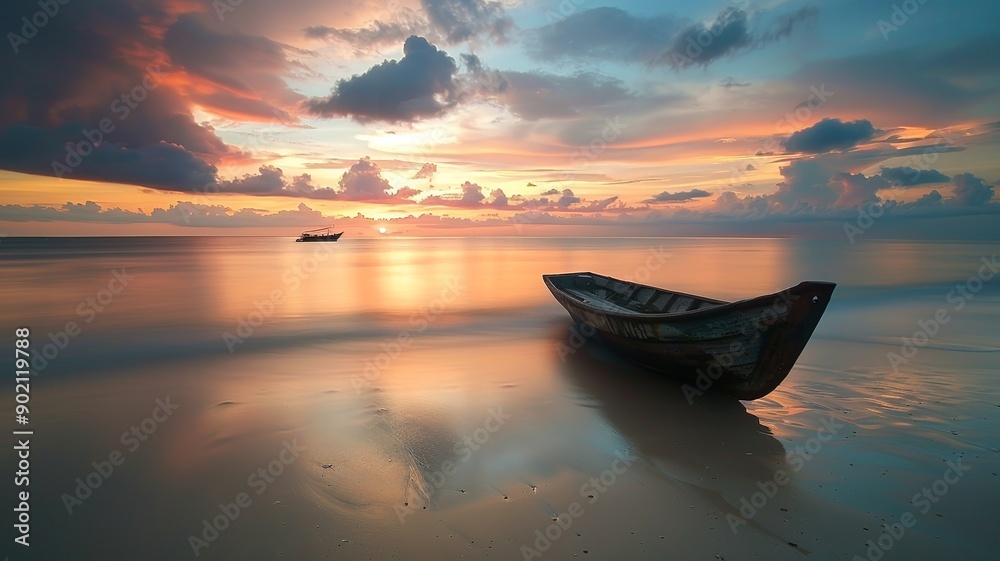 Beautiful scene of a boat by the shore with sunlight casting a warm glow. Perfect for themes of coastal serenity, nature, and relaxation Beautiful scene of a boat by the shore with sunlight casting a warm glow. Perfect for themes of coastal serenity, nature, and relaxation