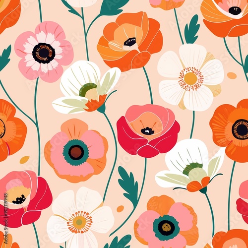 Colorful seamless pattern of Iceland poppies in vibrant hues