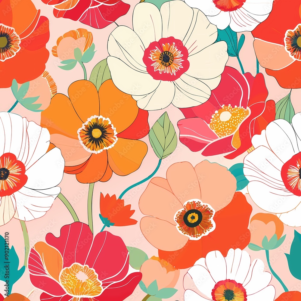 Colorful seamless pattern of Iceland poppies in vibrant hues