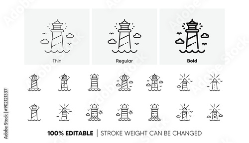 Searchlight tower with seagull for marine navigation of ships. Lighthouse line icons. Sea pharos, lighthouse or beacon icons. Linear set. Line icons set. Vector