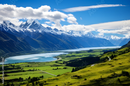 Epic Untouched Beauty: A Panoramic Landscape of a Tranquil Lake in a Mountainous Valley