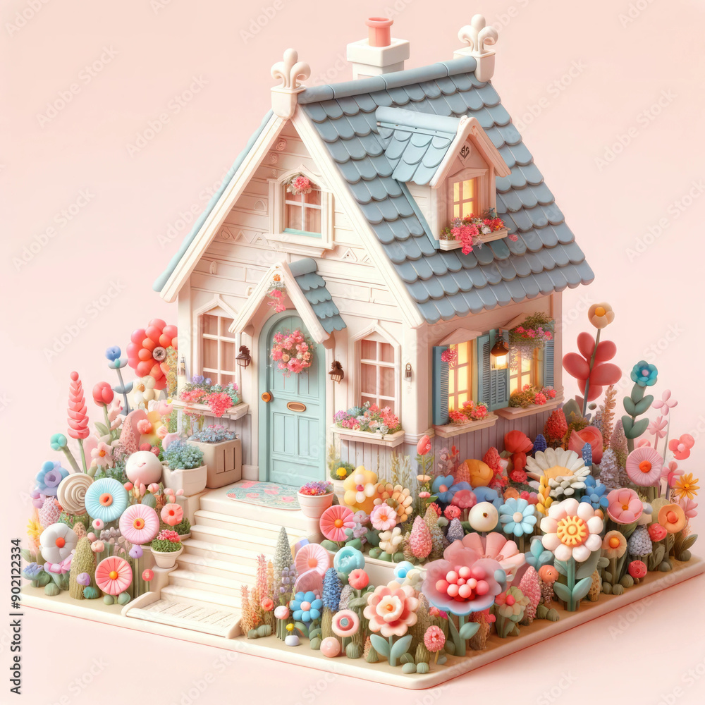 A house made of flowers and plants is shown on a pink background A house made of flowers and plants is shown on a pink background