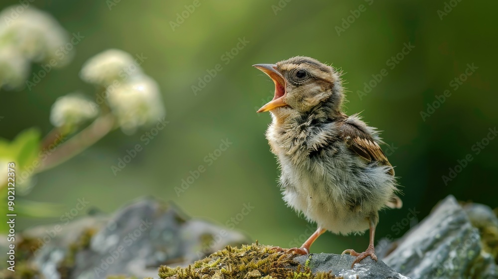 Naklejka premium A young sparrow crying out for food