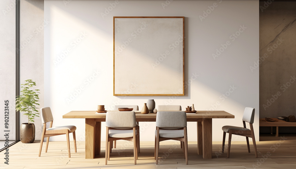 Spacious minimalist dining room open space with empty frame Spacious minimalist dining room open space with empty frame