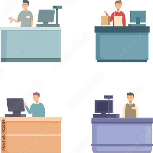 Four illustrations of cashiers, male and female, at different modern checkout counters