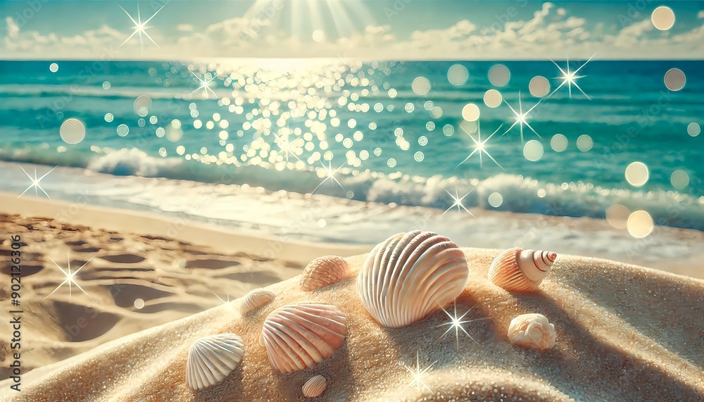 A close-up view of sandy beach dunes in the foreground, with beautiful summer flowers scattered on the sand. The background features a sparkling A close-up view of sandy beach dunes in the foreground, with beautiful summer flowers scattered on the sand. The background features a sparkling