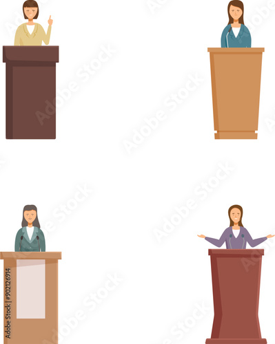 Set of four diverse business characters presenting from podiums in a flat design style