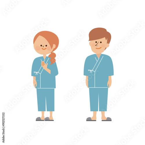 健康診断　検査着を着た男性と女性のかわいいイラスト
