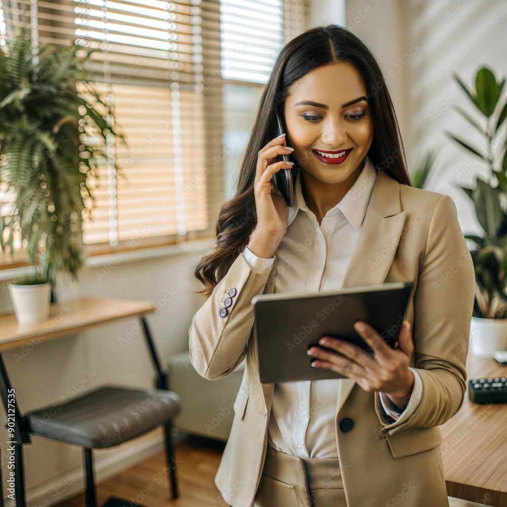Smiling Businesswoman in Office Using Tablet and Phone Smiling Businesswoman in Office Using Tablet and Phone