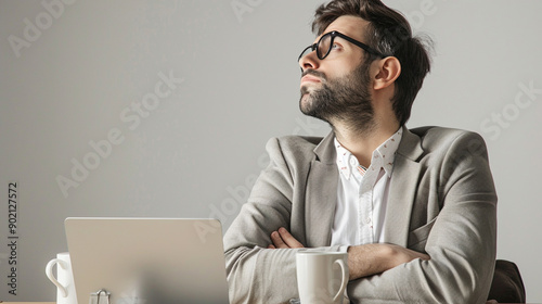 An employee who is nostalgi. Isolated white background, object focused, PNG, Stock image, HD quality, Generative AI photo