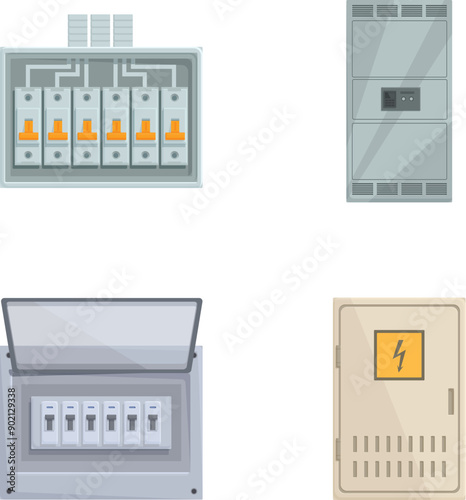 Array of modern electrical panels and circuit breakers, detailed in flat design