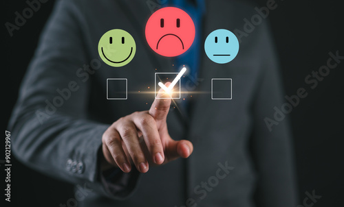 Photography Customer Experience dissatisfied Concept, Unhappy man customer giving sadness emotion face on online survey, Bad review, bad service dislike bad quality, low rating, social media not good