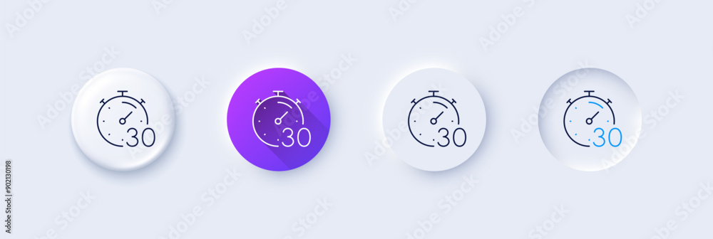 Timer 30 minutes line icon. Neumorphic, Purple gradient, 3d pin buttons. Stopwatch time sign. Countdown clock symbol. Line icons. Neumorphic buttons with outline signs. Vector Timer 30 minutes line icon. Neumorphic, Purple gradient, 3d pin buttons. Stopwatch time sign. Countdown clock symbol. Line icons. Neumorphic buttons with outline signs. Vector