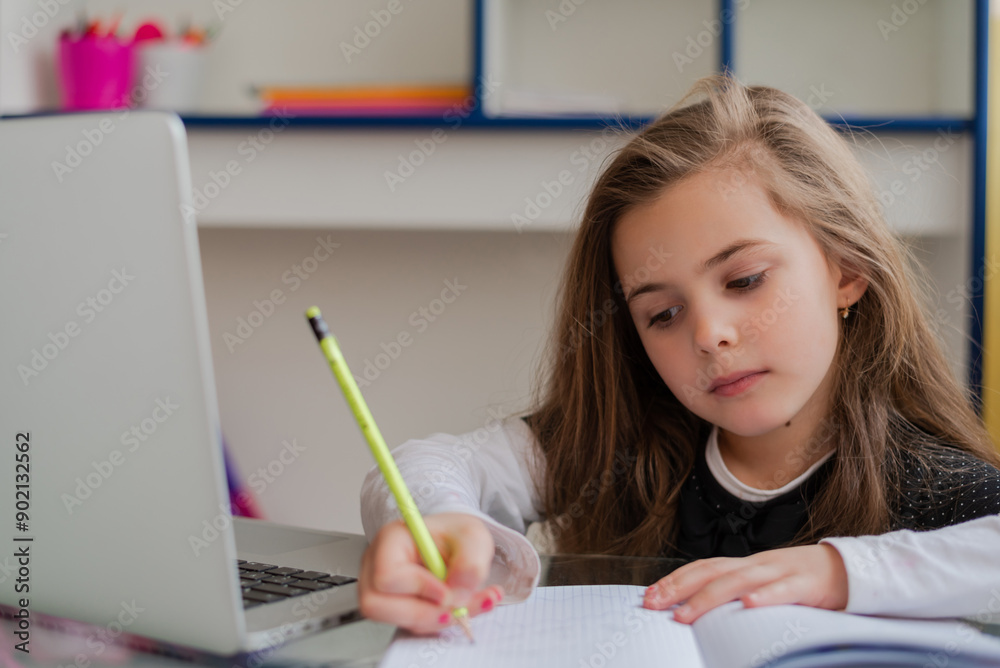 A student kid learning for school at the home desk. A student kid learning for school at the home desk.