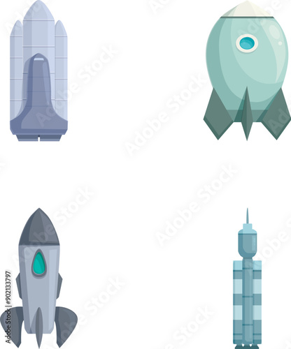 Collection of four cartoonstyle space rockets, each with a unique design