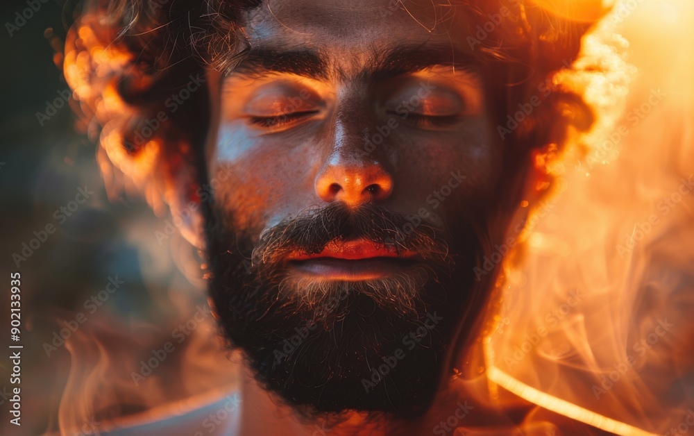 A man closes his eyes and focuses on breathing techniques to deepen his meditation practice in a serene outdoor environment at sunset A man closes his eyes and focuses on breathing techniques to deepen his meditation practice in a serene outdoor environment at sunset