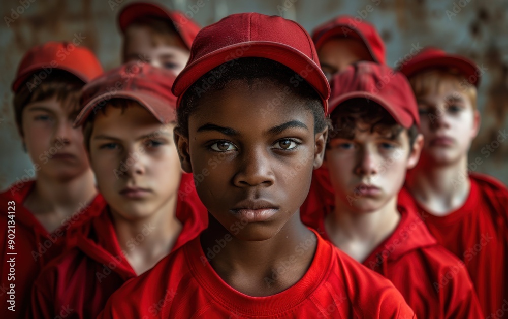 Fototapeta premium Boys from a multiracial sports team in red uniforms show solidarity during an outdoor practice, demonstrating focus and teamwork in their expressions