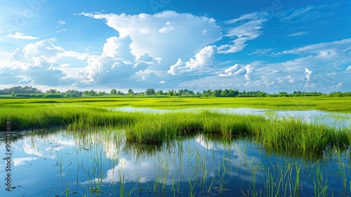 Wetland with rice field and blue sky offers space for text