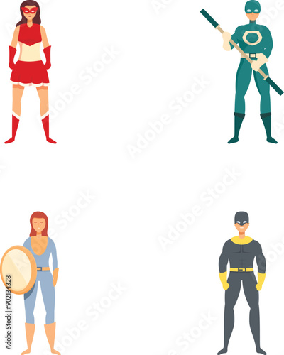 Vector illustration of four distinct superheroes in dynamic poses, showcasing diversity