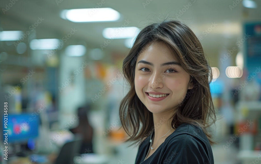 A cheerful office lady engaging in her work at a desk, showcasing a friendly demeanor in a contemporary office environment A cheerful office lady engaging in her work at a desk, showcasing a friendly demeanor in a contemporary office environment