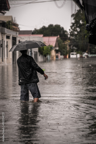 Flood water in the street during the typhoon Carina.