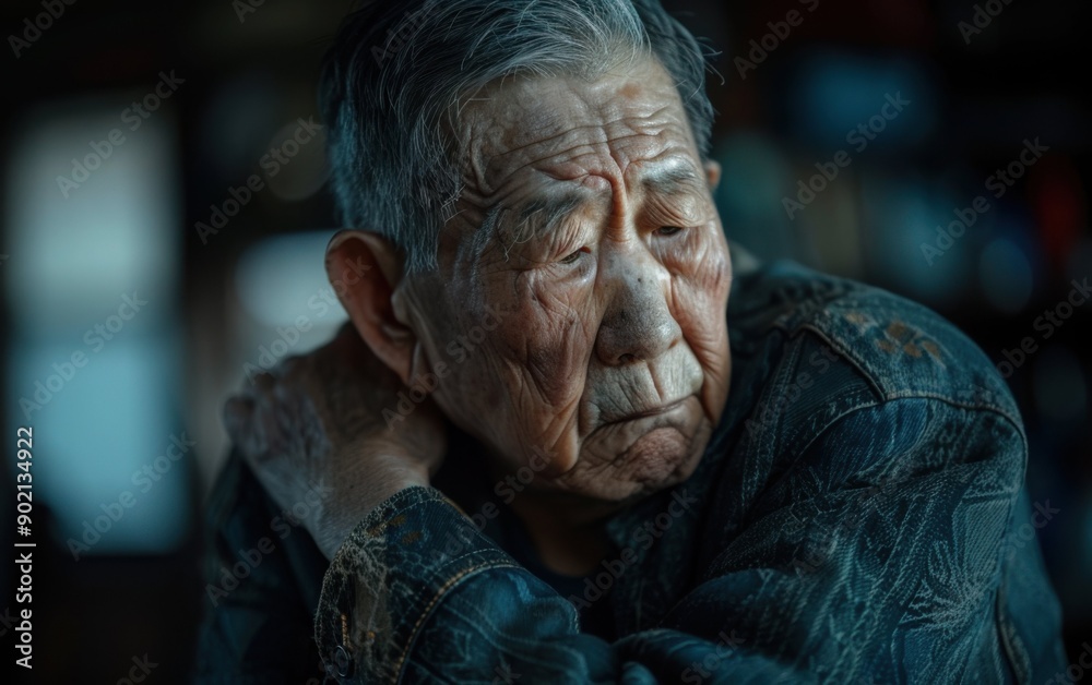 An elderly Asian man holds his shoulder, showing discomfort while seated in a dimly lit room, reflecting a moment of pain and concern An elderly Asian man holds his shoulder, showing discomfort while seated in a dimly lit room, reflecting a moment of pain and concern