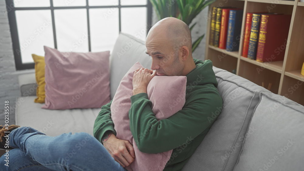 Fototapeta premium A thoughtful bald man with a beard embracing a cushion on a sofa in a cozy living room setting.