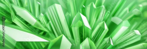 Abstract background in green colors with large crystals with highlights on the facets and refracting of light
