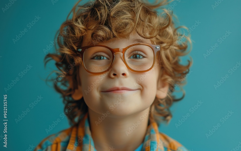 A joyful child with curly hair and distinctive eyeglasses is smiling broadly, radiating happiness in a vibrant turquoise setting A joyful child with curly hair and distinctive eyeglasses is smiling broadly, radiating happiness in a vibrant turquoise setting