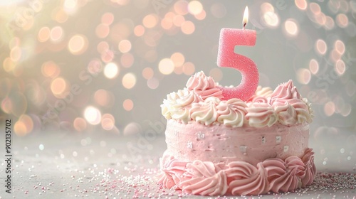 Torta di compleanno  con crema rosa, panna e una candelina accesa per festeggiare  i 5 anni. Bollicine trasparenti ondeggiano sullo sfondo
 photo