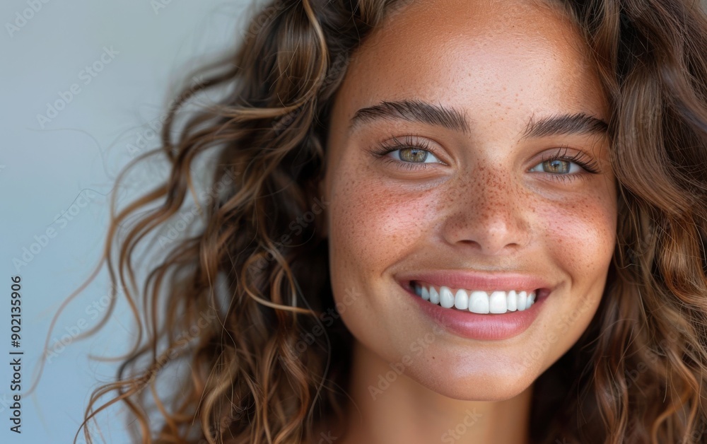 A beautiful brunette model with curly hair smiles warmly, showcasing her radiant skin and captivating eyes in a natural environment