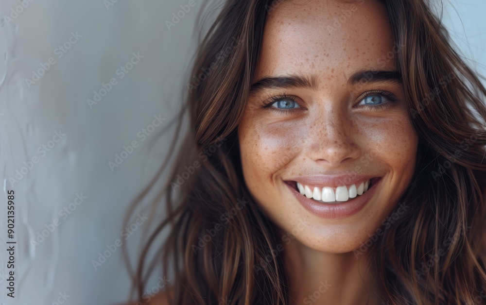 A brunette model with striking blue eyes flashes a radiant smile, capturing the essence of warmth and joy in a natural setting A brunette model with striking blue eyes flashes a radiant smile, capturing the essence of warmth and joy in a natural setting