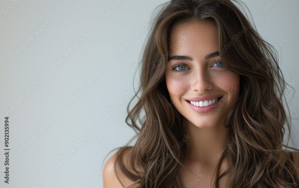 A brunette model with captivating blue eyes smiles warmly, showcasing her natural beauty against a soft, neutral background A brunette model with captivating blue eyes smiles warmly, showcasing her natural beauty against a soft, neutral background
