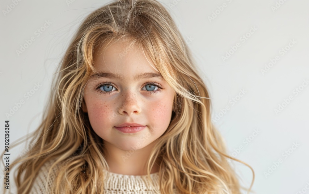 A little girl with long blond hair and striking blue eyes smiles gently, showcasing her playful innocence in a well-lit indoor environment A little girl with long blond hair and striking blue eyes smiles gently, showcasing her playful innocence in a well-lit indoor environment