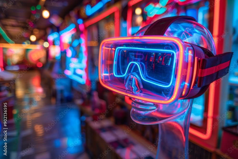 Futuristic VR headset with blue neon lights in an urban setting showcasing advanced virtual reality technology and cyberpunk aesthetics Futuristic VR headset with blue neon lights in an urban setting showcasing advanced virtual reality technology and cyberpunk aesthetics