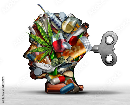 Drug addiction and brain function with the use of alcohol prescription drugs as a psychiatric or psychiatry concept of the effects on mental health with recreational or medication.