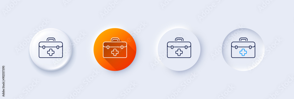 First aid line icon. Neumorphic, Orange gradient, 3d pin buttons. Medicical kit sign. Pharmacy medication symbol. Line icons. Neumorphic buttons with outline signs. Vector First aid line icon. Neumorphic, Orange gradient, 3d pin buttons. Medicical kit sign. Pharmacy medication symbol. Line icons. Neumorphic buttons with outline signs. Vector