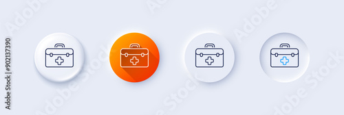 First aid line icon. Neumorphic, Orange gradient, 3d pin buttons. Medicical kit sign. Pharmacy medication symbol. Line icons. Neumorphic buttons with outline signs. Vector