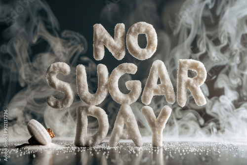 no sugar day concept with letters and granulated sugar on dark background photo