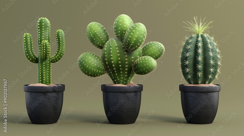 Three potted cacti in black pots, displayed side by side against a plain background